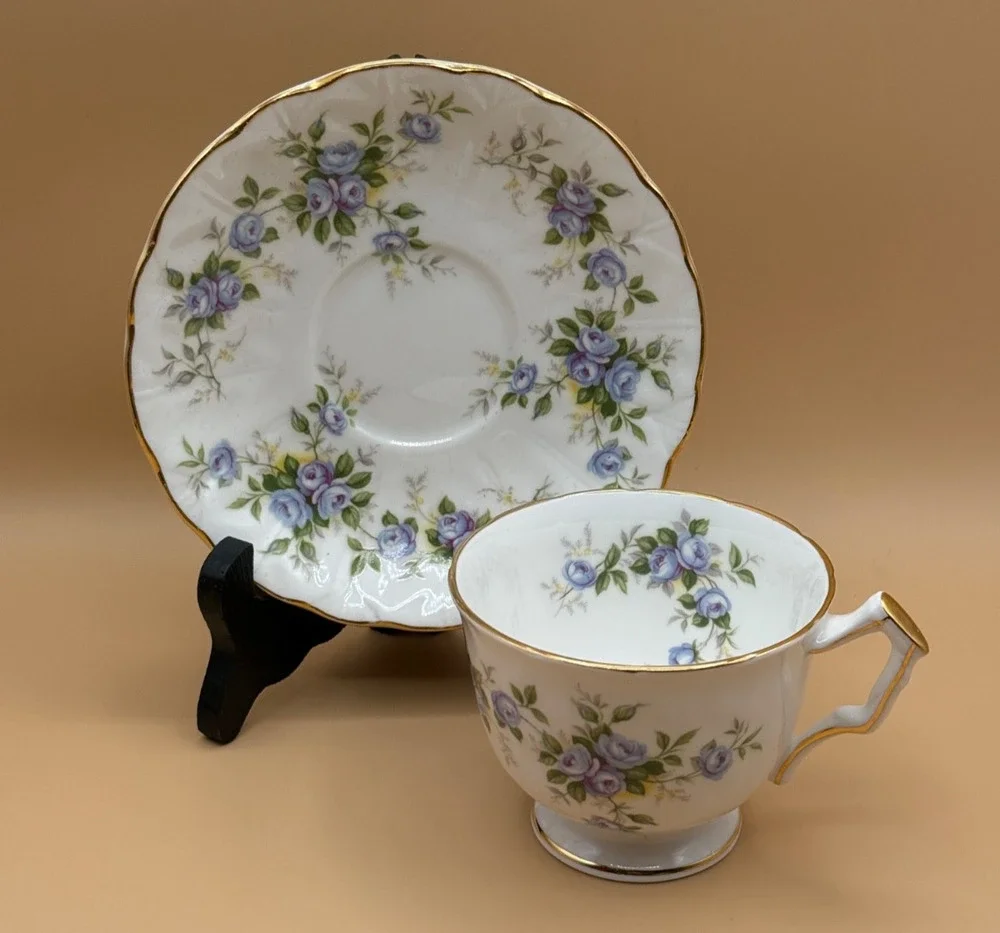 🌹 Vintage Aynsley Marine Rose Footed Cup & Saucer Set England Bone China
